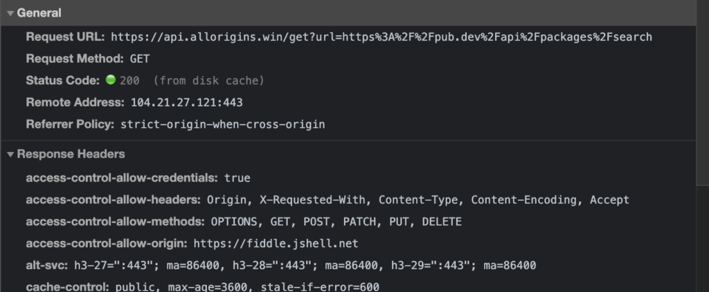 Image showing CORS headers returned on a Chrome request to allorigins.win proxy