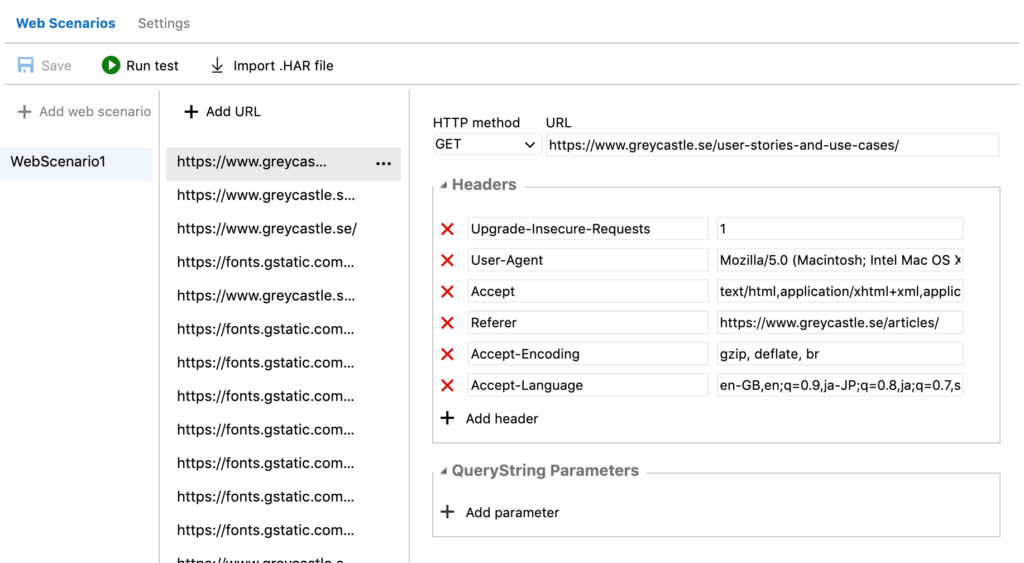 Example of a URL based test imported from HAR