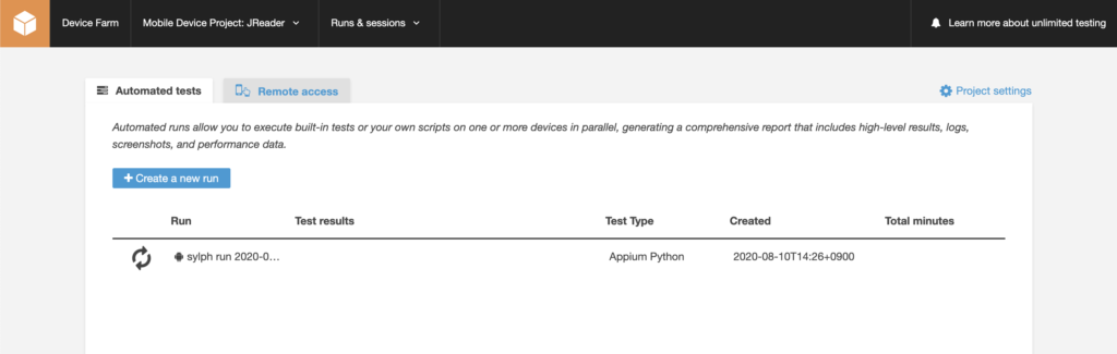 My first test run in AWS Device Farm